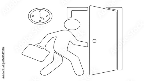 Outlined illustration of a businessman carrying a briefcase running towards an open door with a wall clock in the background.