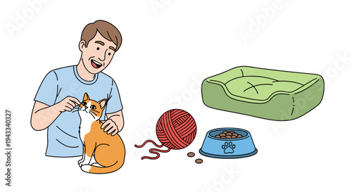 A happy man gently pets his orange cat, surrounded by a red yarn ball, a green pet bed, and a blue food bowl.