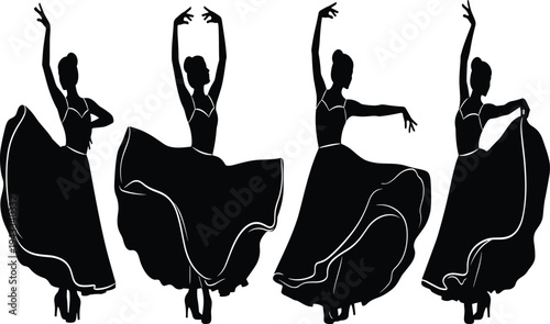 Dance silhouettes, elegant women dancers, flowing dress motion, graceful performance, artistic movement, lifestyle illustration, expressive pose, silhouette art, cultural dance concept