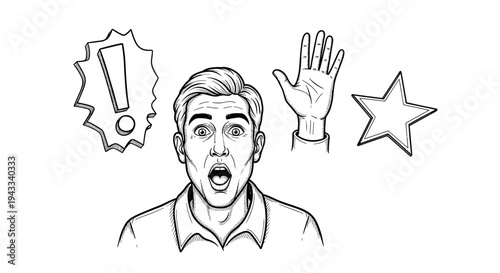 A surprised man with wide eyes and open mouth reacts to news, accompanied by an exclamation mark, a raised hand, and a star.