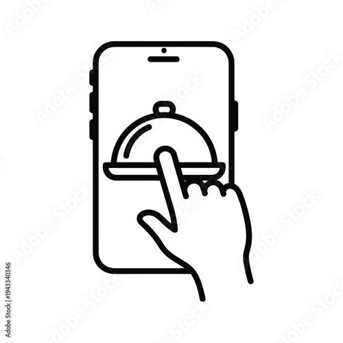Food Ordering App Icon: Hand Tapping Meal Cloche on Smartphone