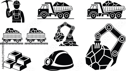 Mining Icons Set with Worker, Trucks, Trains and Excavator, Gold Bars and Hard Hat