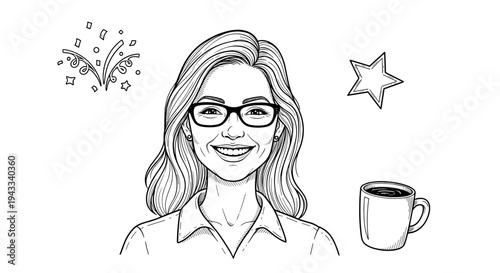 A smiling woman with glasses looks confident, surrounded by festive confetti, a sparkling star, and a steaming coffee mug.