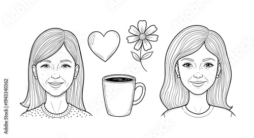 Two smiling women are depicted in a friendly illustration, accompanied by a heart, a flower, and a steaming coffee mug.
