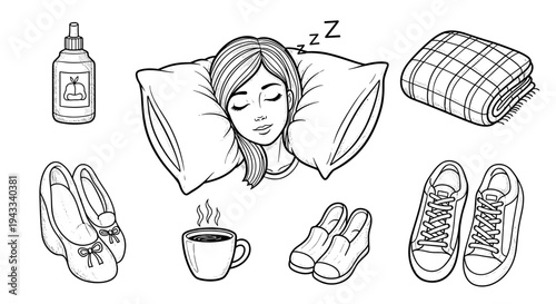A woman sleeps peacefully on a pillow, surrounded by a bottle, a blanket, soft slippers, a coffee mug, and sneakers.
