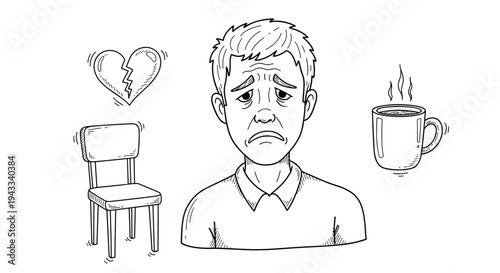 A sad man with a frowning face expresses deep sorrow, with a broken heart, an empty chair, and a warm coffee mug.
