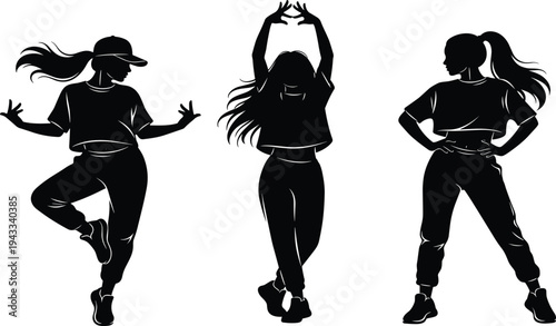 Dance silhouettes, hip hop moves, street dance, expressive pose, modern choreography, casual dancers, performance art, energetic motion, lifestyle illustration, youth culture