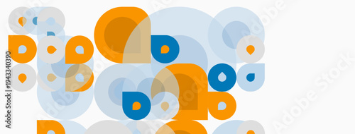 Abstract circles overlap, creating layered visual effect. Orange, blue hues dominate light background. Simple, modern design.