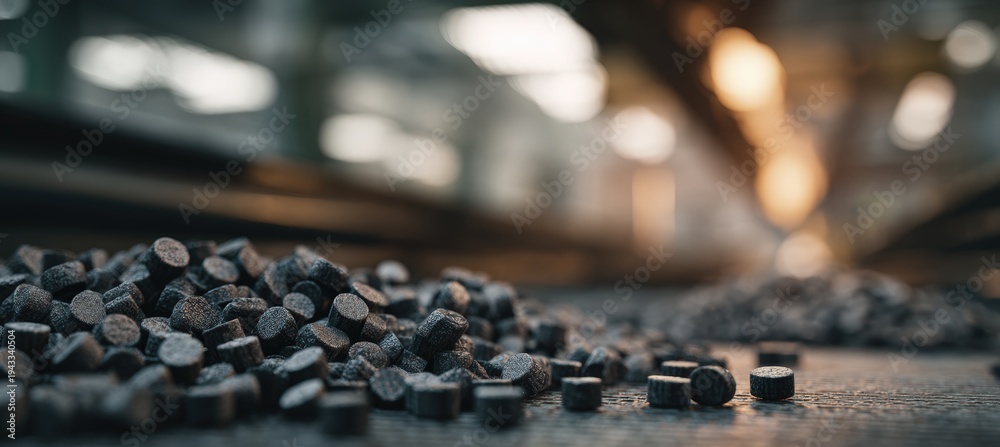 Fototapeta premium Close-Up of Recycled Material Pellets with Blurred Industrial Background