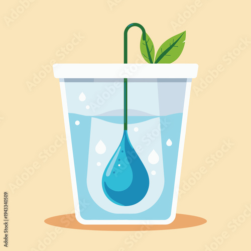 Illustration of a Water Purification Device in a Clear Glass with a Droplet and Leaf Symbolizing Sustainability and Clean Drinking Water