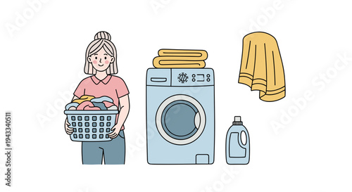 A smiling woman holds a laundry basket, near a washing machine, folded towels, and a detergent, depicting chores.