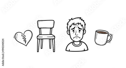 A sad man with a forlorn expression is depicted near a broken heart, a lonely chair, and a half-full mug.
