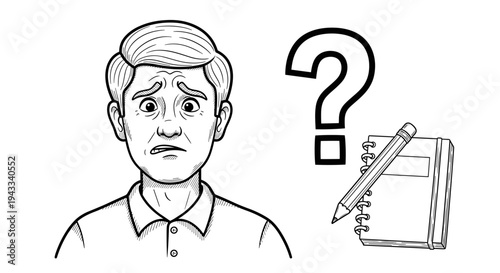 A man with a worried and confused expression stands next to a question mark, pondering over a notebook and pencil, suggesting uncertainty and contemplation.