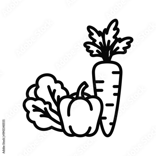 Healthy Vegetables Icon: Carrot, Bell Pepper, and Lettuce - Line Art