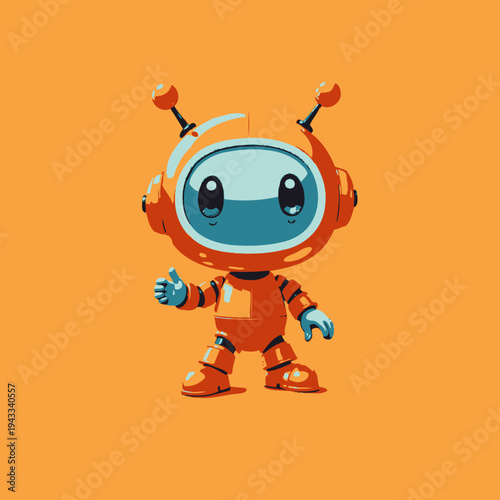 Friendly Orange Robot with Antennas and Blue Face on Orange Background Giving Thumbs Up Gesture in Adorable Cartoon Style Art
