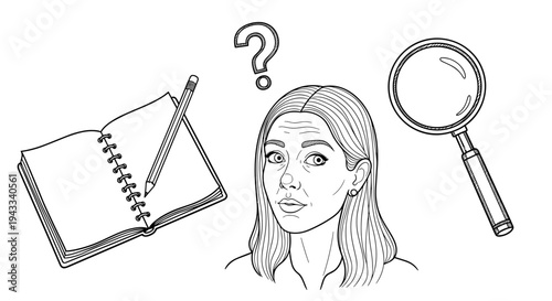 A confused older woman looks intently, near a question mark, a notebook, a pencil, and a magnifying glass.