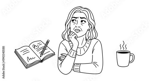 A thoughtful woman with a pensive expression holds her chin, surrounded by an open notebook with a pencil and a steaming hot coffee.