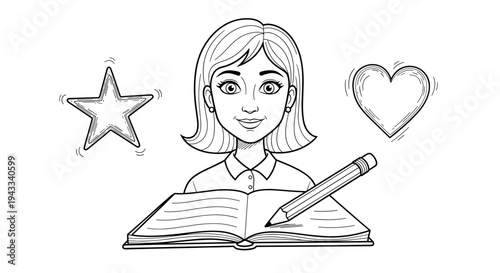 A cheerful woman with a bob haircut smiles brightly while studying an open book with a pencil, surrounded by symbols of achievement and love.
