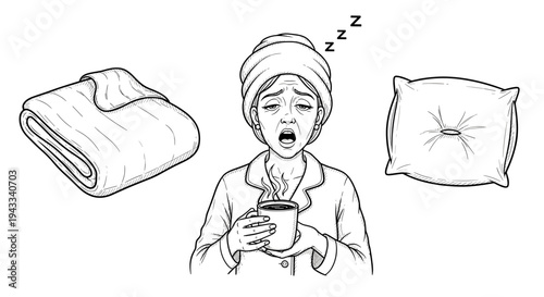 A sleepy woman in a towel yawns, holding a coffee cup, with a blanket and pillow, showing a challenging morning.