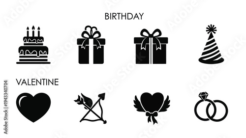 Celebratory icons featuring a cake gifts heart and rings silhouette
