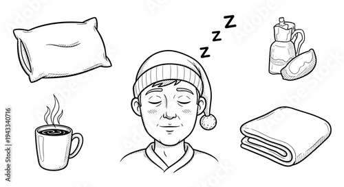 A peaceful man sleeps soundly with a sleep cap, surrounded by a pillow, coffee cup, blanket, and oil lamp, depicting rest.