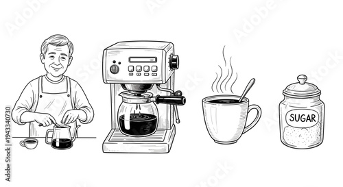 A smiling man operates an espresso machine, preparing coffee, with a steaming cup and a sugar jar, showing a morning ritual.