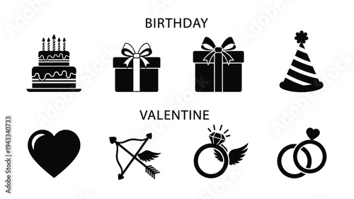 Birthday and valentine themed icons in a stark black silhouette