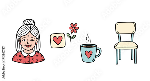 A cute illustration of an elderly woman with a bun, wearing a red polka-dot blouse, surrounded by heartwarming symbols like a heart, a flower, a steaming coffee mug, and a simple wooden chair.