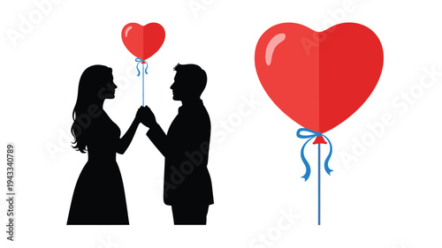 Couple sharing a moment with heart shaped balloons a romantic silhouette