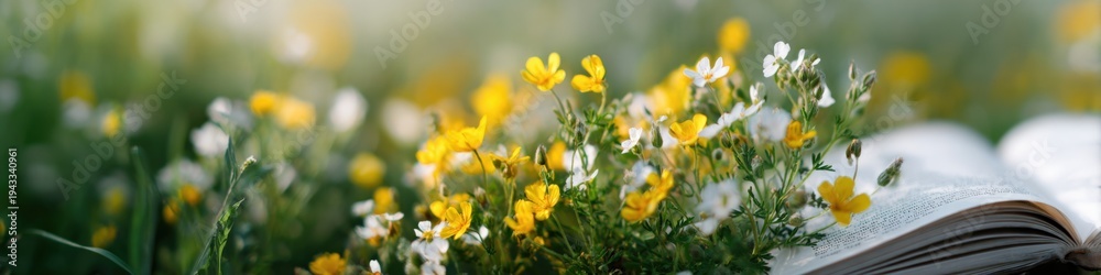 Fototapeta premium Open book amid wild yellow white flowers in sunlit meadow with soft bokeh background and gentle summer atmosphere