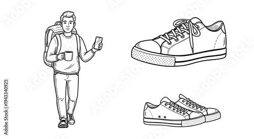 A man with a backpack holds a phone and a mug, accompanied by athletic shoes, depicting a casual and active journey.