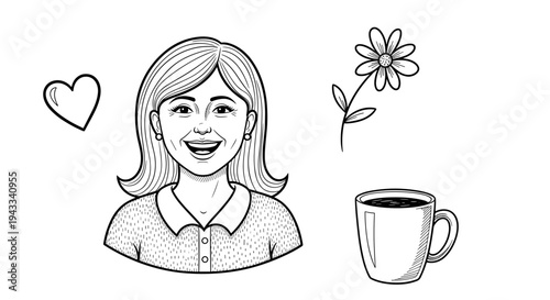 A happy woman smiles brightly, surrounded by positive symbols like a heart, a flower, and a comforting warm drink.