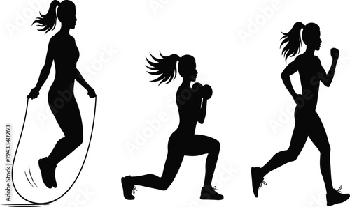Fitness silhouettes, jump rope exercise, dumbbell lunge, running athlete, cardio workout, strength training, endurance activity, healthy lifestyle, sports illustration artwork
