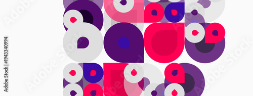 Abstract composition featuring overlapping circles. Pink, purple, white hues dominate design. Modern, playful aesthetic.