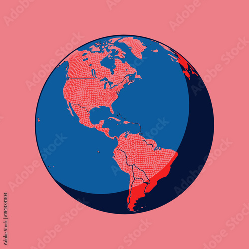 Artistic Representation of Earth with Emphasis on North and South American Continents in Red and Blue Tones Against a Pink Background
