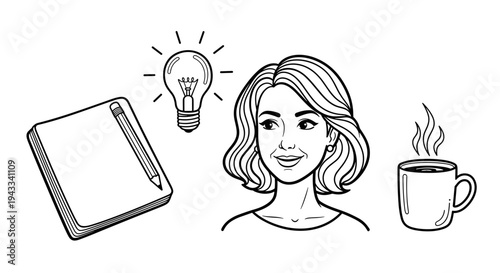 A cheerful woman has a brilliant idea, symbolized by a glowing lightbulb, next to a notebook, a pen, and a steaming cup of coffee.