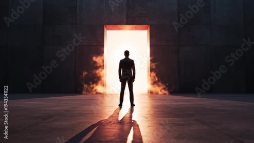 Man standing at threshold of dark corridor leading to bright doorway. Silhouette figure entering illuminated space from shadowy interior. Architectural drama illustrating transition from obscurity to