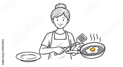A cheerful woman wearing an apron happily cooks a fried egg in a frying pan using a spatula, with an empty plate ready.