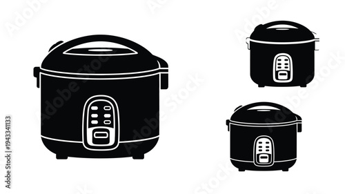 Three black rice cookers displayed in a minimalist silhouette