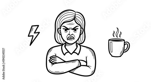 An angry woman with intensely furrowed brows and crossed arms expresses extreme irritation, with a lightning bolt and a hot coffee cup nearby.