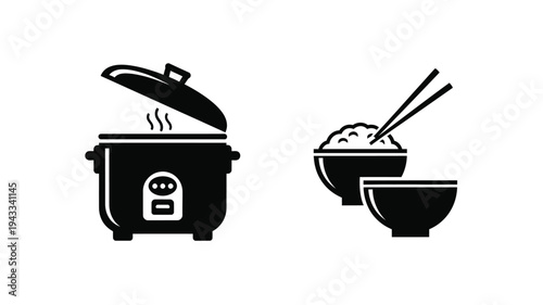 Rice cooker bowl and chopsticks depicted in a stark silhouette
