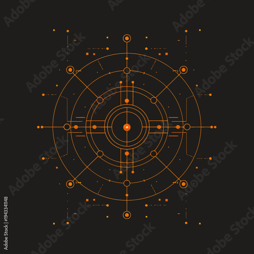 Abstract geometric design with circular lines and dot elements on black