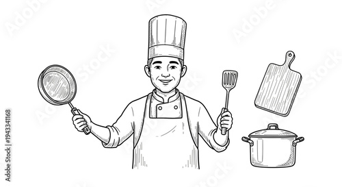 A cheerful male chef in a traditional hat and apron confidently holds a frying pan and a spatula, ready to cook alongside a cutting board and a pot.