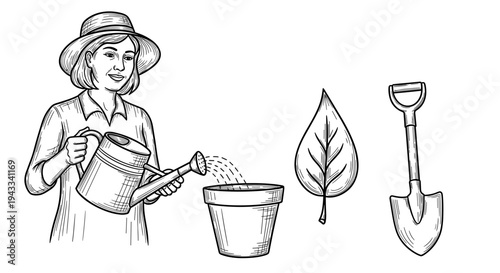 A smiling woman wearing a hat thoughtfully waters a potted plant with a watering can, surrounded by gardening tools like a shovel and a leaf.