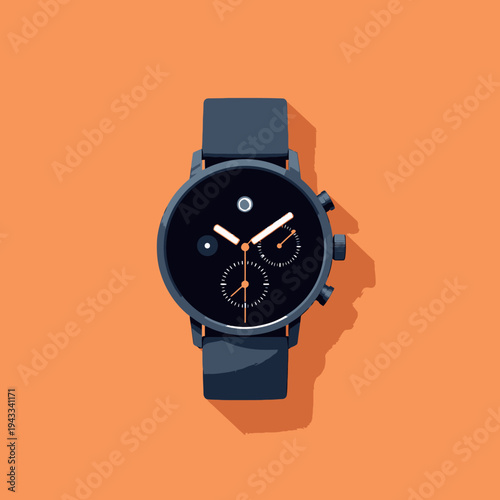 Sleek Minimalist Watch Design with Black Dial and Blue Strap on Vibrant Orange Background Showcasing Modern Style and Sophisticated Timekeeping Elements