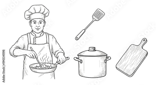 A professional chef in a classic hat and apron expertly cooks ingredients in a sizzling pan with a spatula, surrounded by essential kitchen tools.
