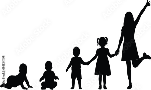Human growth stages silhouette, crawling baby, sitting infant, toddler standing, young girl pigtails, adolescent girl raising arm, developmental progression illustration