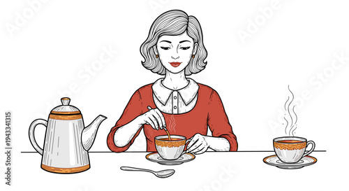 A graceful woman in a collared dress attentively prepares a drink, stirring a cup of coffee or tea, with a kettle and another cup nearby.