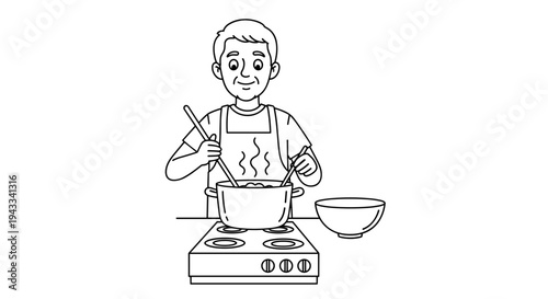 A man wearing an apron happily stirs a steaming pot on a stovetop, with an empty bowl waiting nearby.