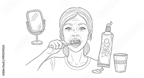 A woman is diligently brushing her teeth with a toothbrush, standing in front of a mirror, with toothpaste and a cup on the counter beside her.